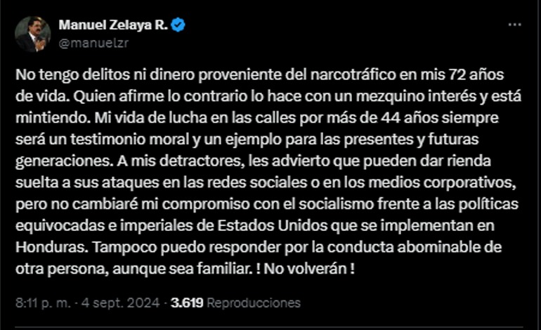 Manuel Zelaya: No tengo delitos, ni&nbsp;dinero