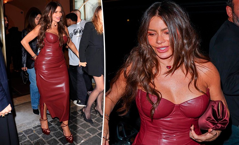 Sofía Vergara deslumbra con un vestido de cuero&nbsp;burdeos